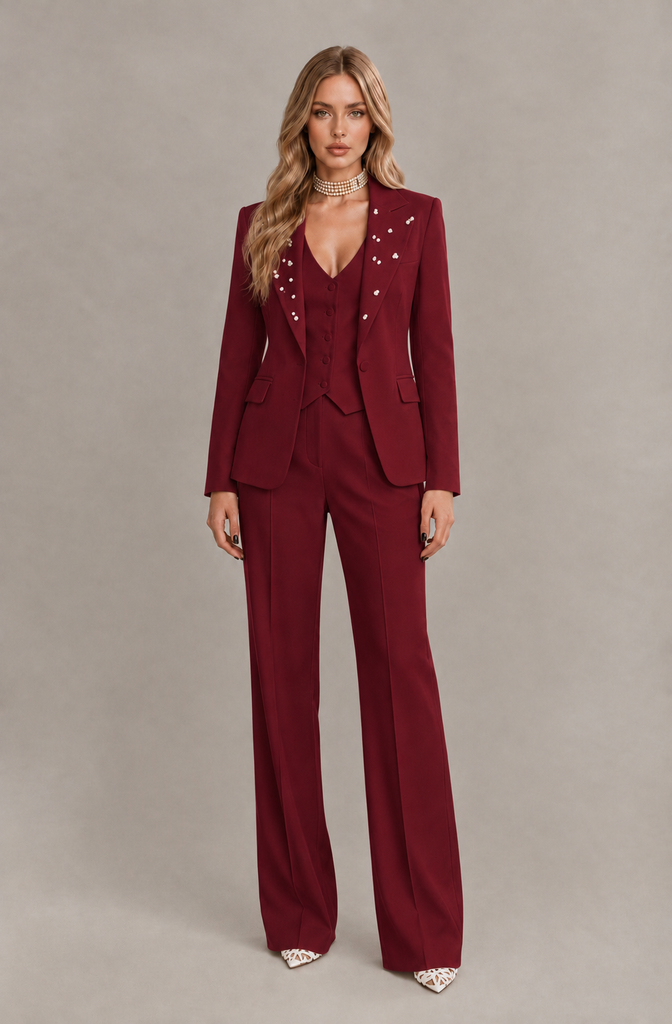 BOLODOO Burgundy Women's Three-Piece Pantsuit with Blazer & Vest - Burgundy - Burgundy_03