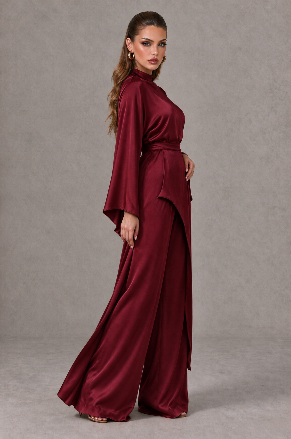 BOLODOO Burgundy Satin-Look Long Sleeve Wide-Leg Jumpsuit - Burgundy - Burgundy_03