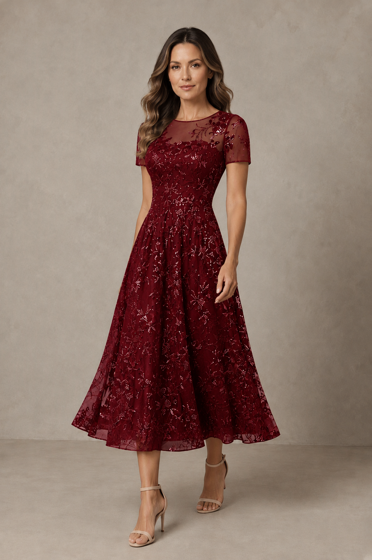 BOLODOO Burgundy Textured Floral A-Line Dress with Short Sleeves - Burgundy - Burgundy_03
