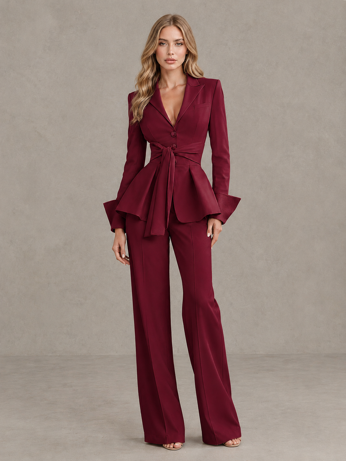 BOLODOO Burgundy Belted Peplum Pantsuit with Long Sleeves & Wide-Leg Trousers - Burgundy - Burgundy_03