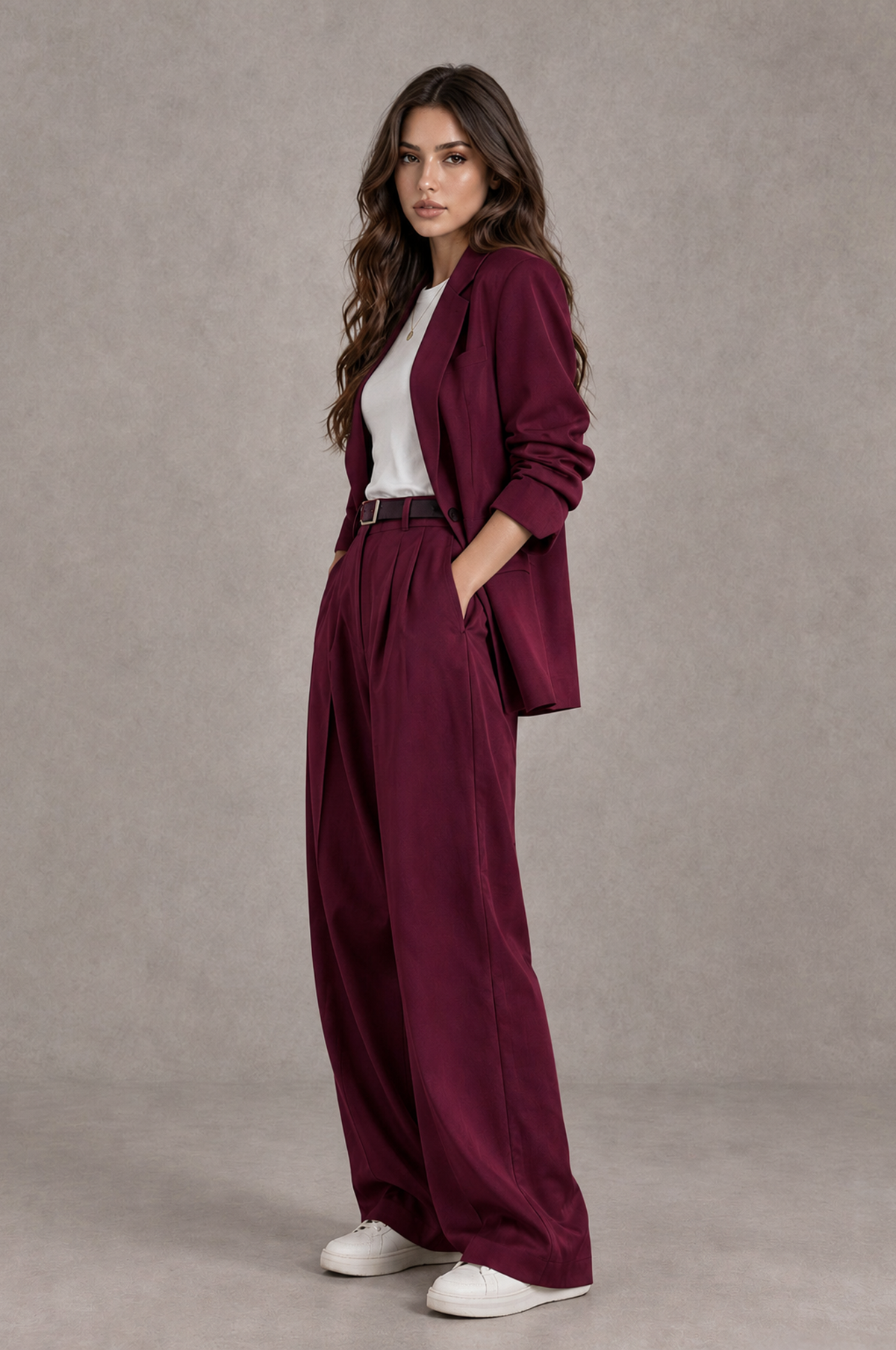 BOLODOO Burgundy Brown Blazer & Wide-Leg Pants Suit for Women - Burgundy - Burgundy_03