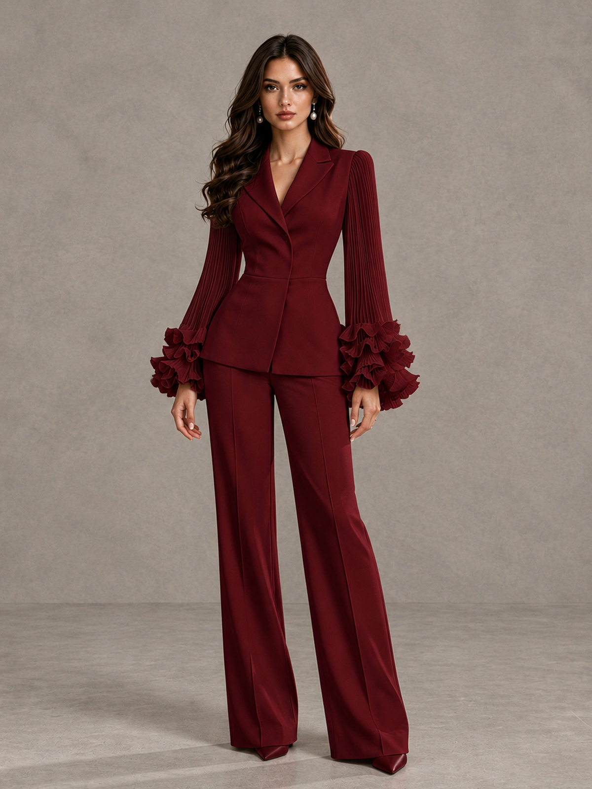 BOLODOO Burgundy Mother of the Bride Pant Suit – Pleated Long Sleeve Ruffle Cuff Wide Leg Trouser Suit - Burgundy - Burgundy_03