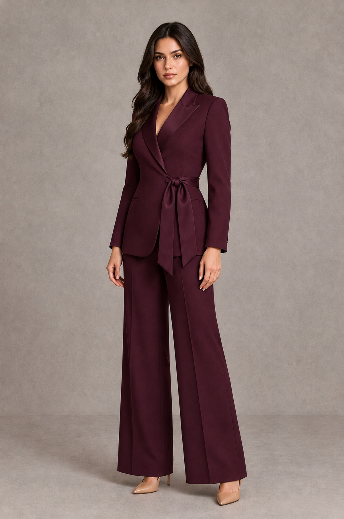 BOLODOO Burgundy Tie-Waist Blazer & Wide-Leg Pantsuit - Burgundy - Burgundy_03