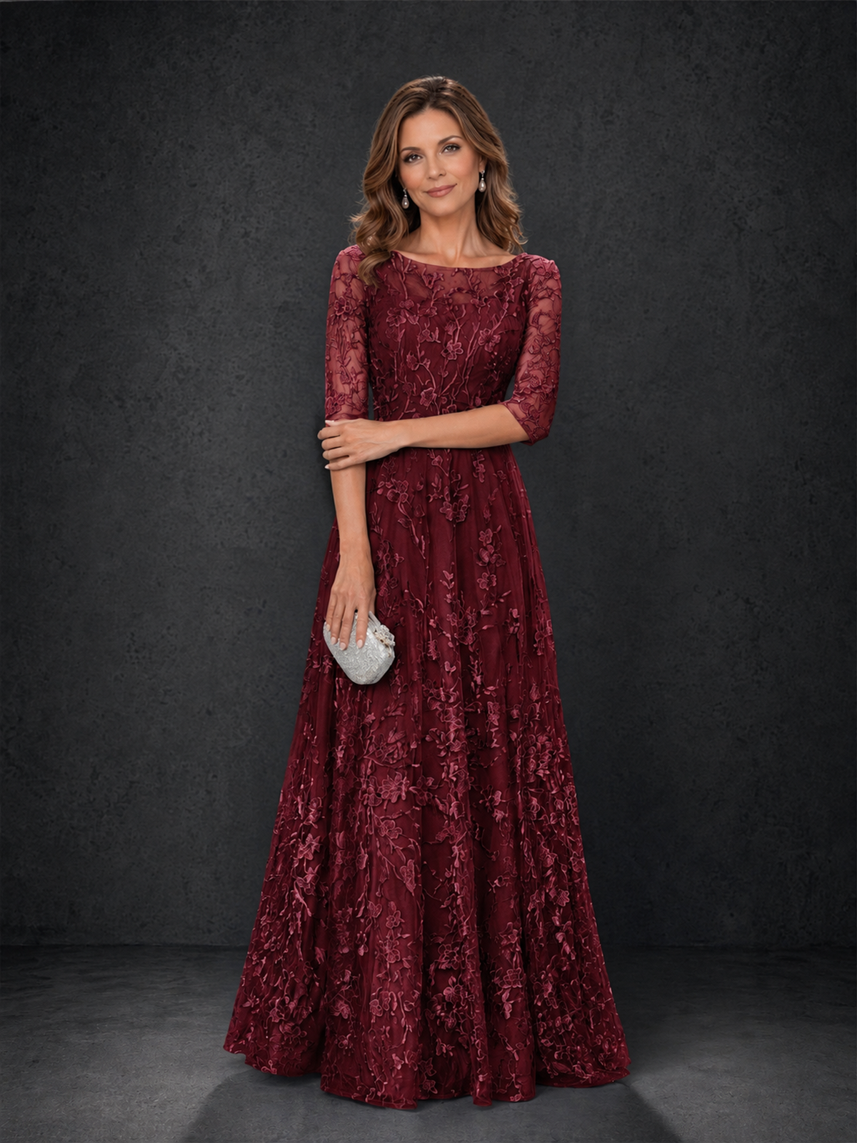 BOLODOO Burgundy Illusion Bateau Neck 3/4 Sleeve Floral Lace A-Line Mother of the Bride Dress MX007 - Burgundy - Burgundy_03