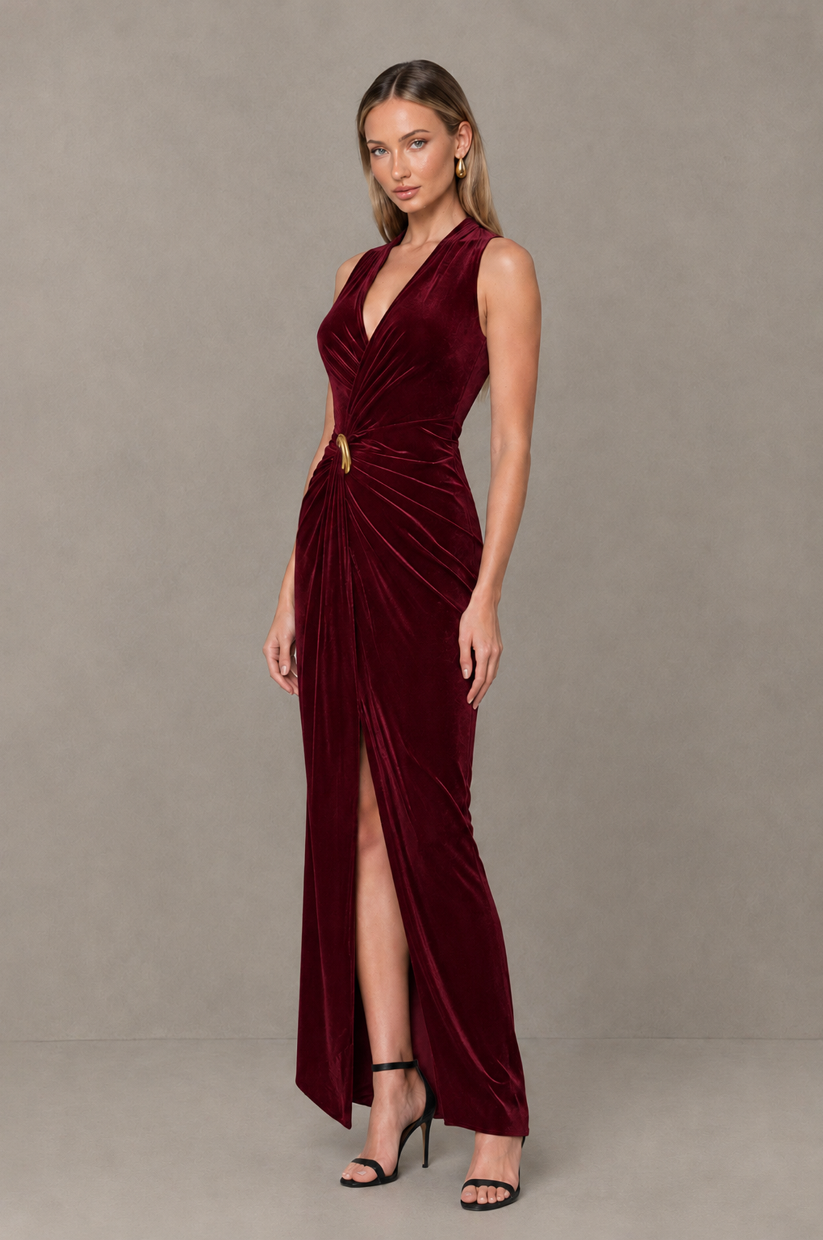 BOLODOO Burgundy Velvet-Look Sleeveless V-Neck Ruched Slit Maxi Dress - Burgundy - Burgundy_03