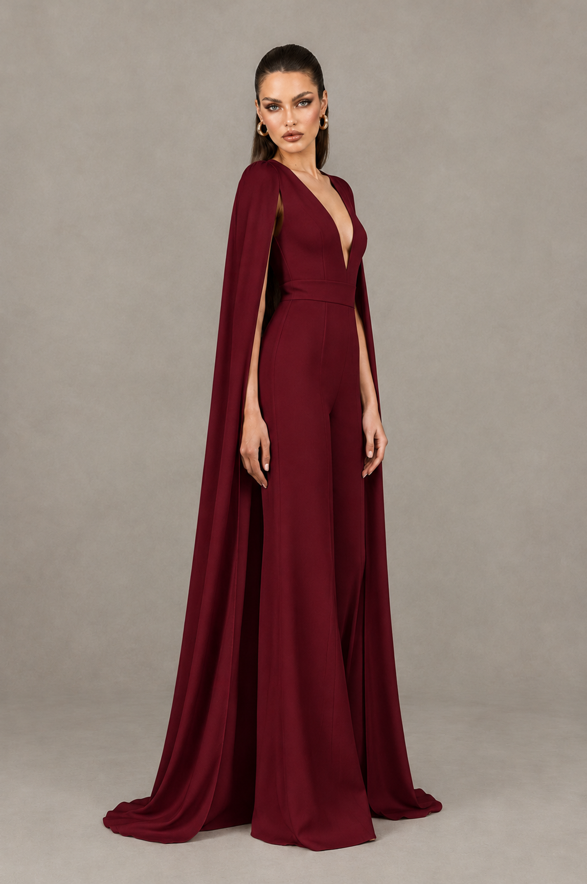 BOLODOO Burgundy Deep V-Neck Cape Sleeve Bridal Jumpsuit - Burgundy - Burgundy_03