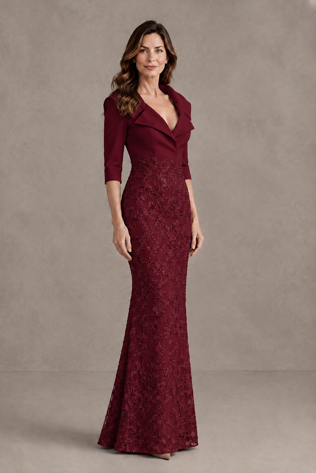 BOLODOO Burgundy Three-Quarter Sleeve Mermaid Evening Dress with Floral Detail - Burgundy - Burgundy_03