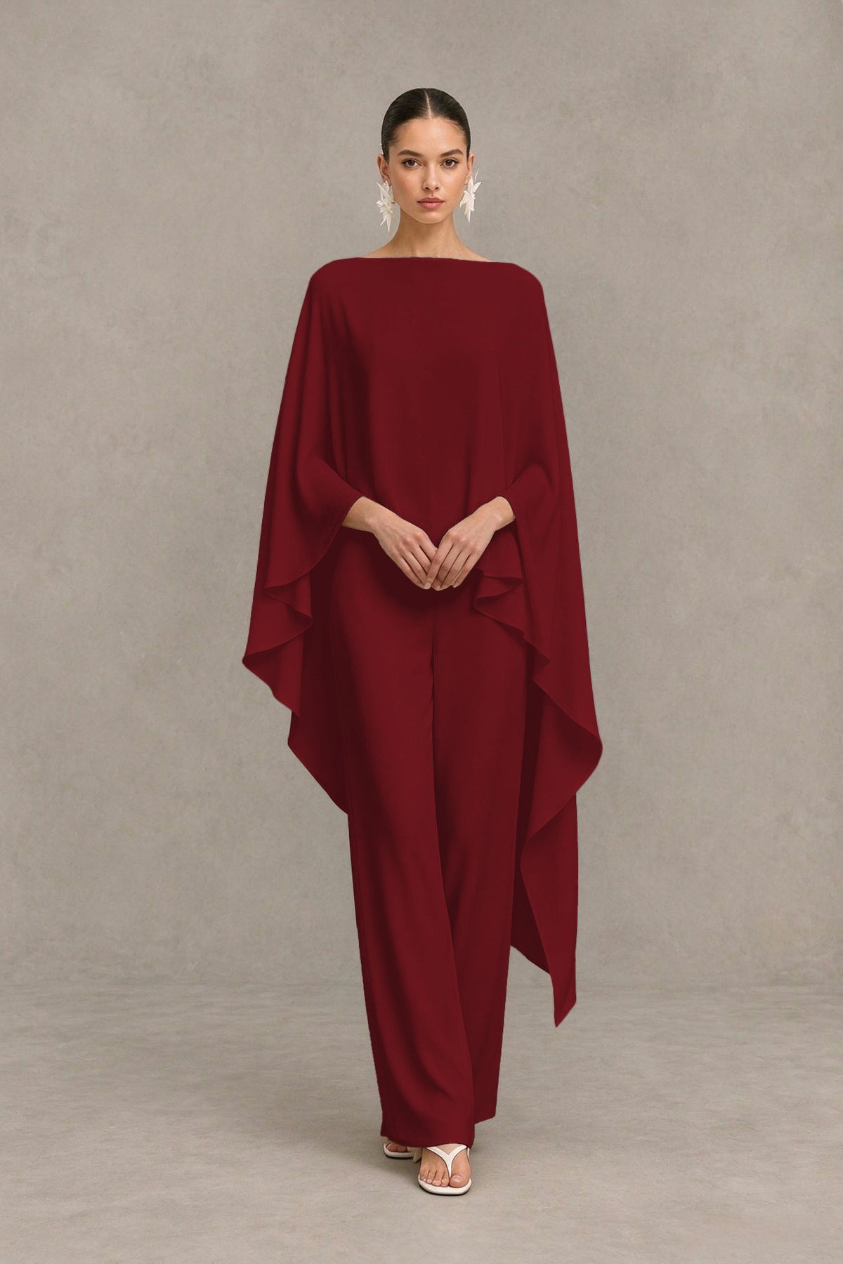 BOLODOO Burgundy Cape Sleeve Wide-Leg Formal Pantsuit - Burgundy - Burgundy_04