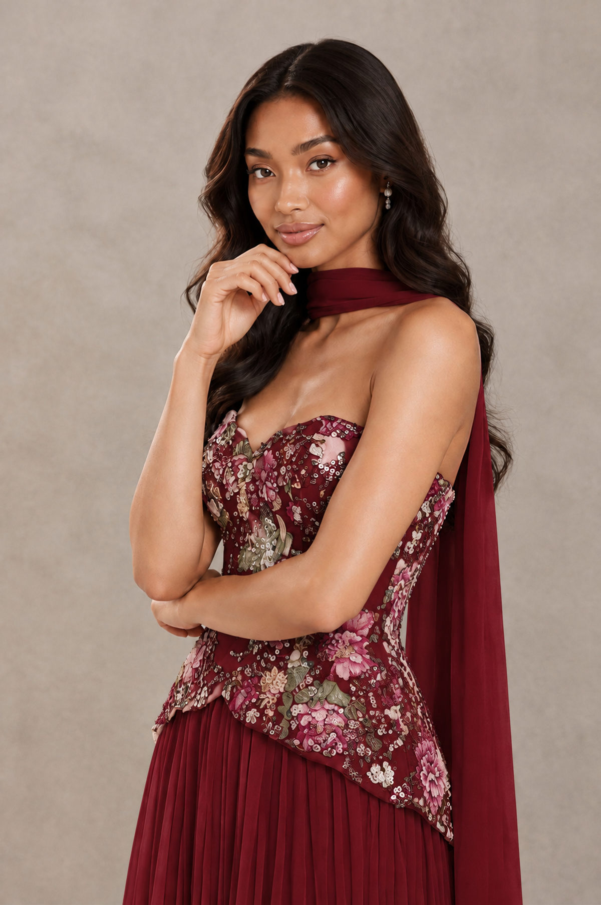 BOLODOO Burgundy Strapless Beaded Floral Corset Chiffon Maxi Gown – Open Back Prom & Formal Evening Dress - Burgundy - Burgundy_04