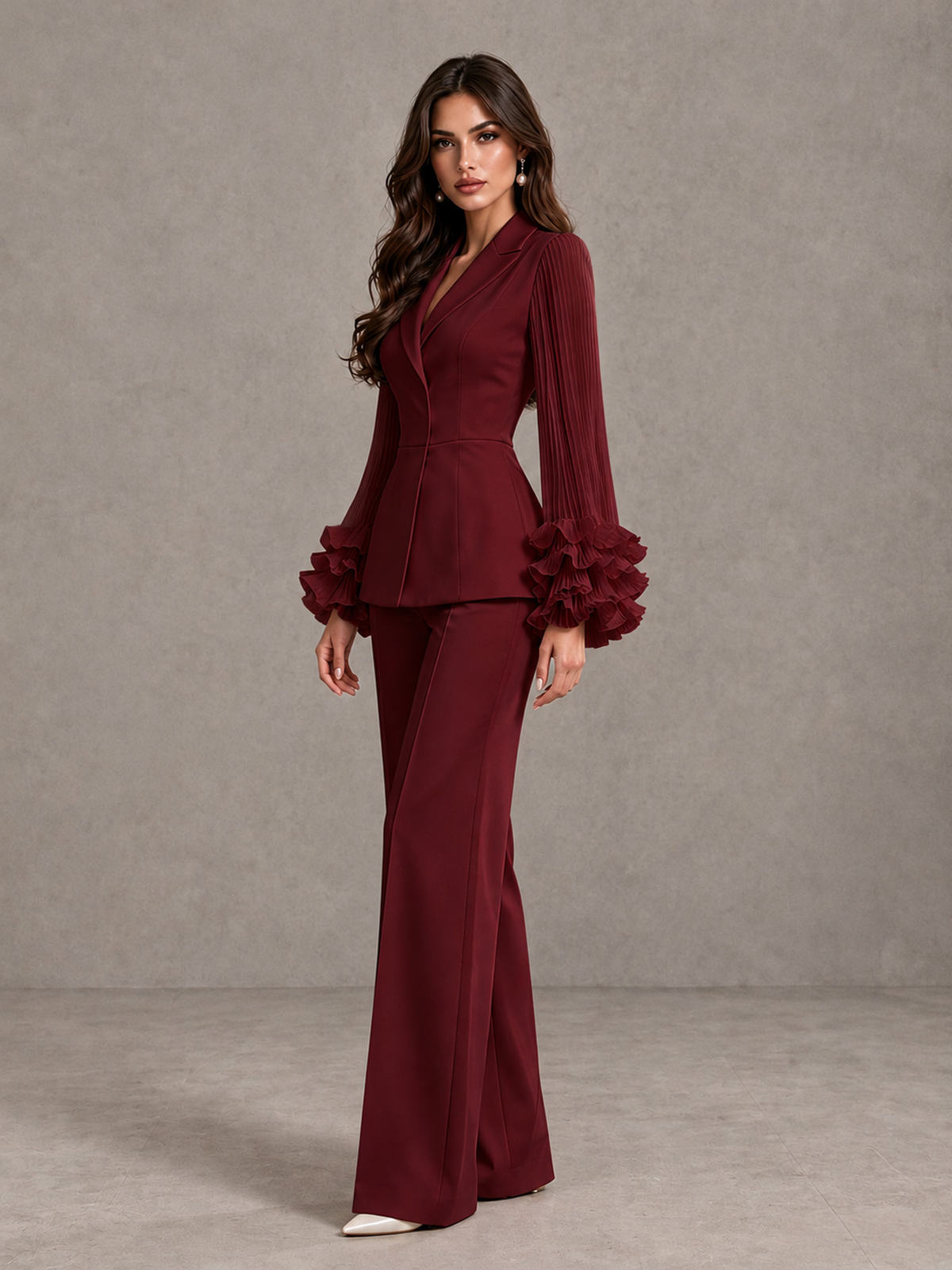 BOLODOO Burgundy Mother of the Bride Pant Suit – Pleated Long Sleeve Ruffle Cuff Wide Leg Trouser Suit - Burgundy - Burgundy_04