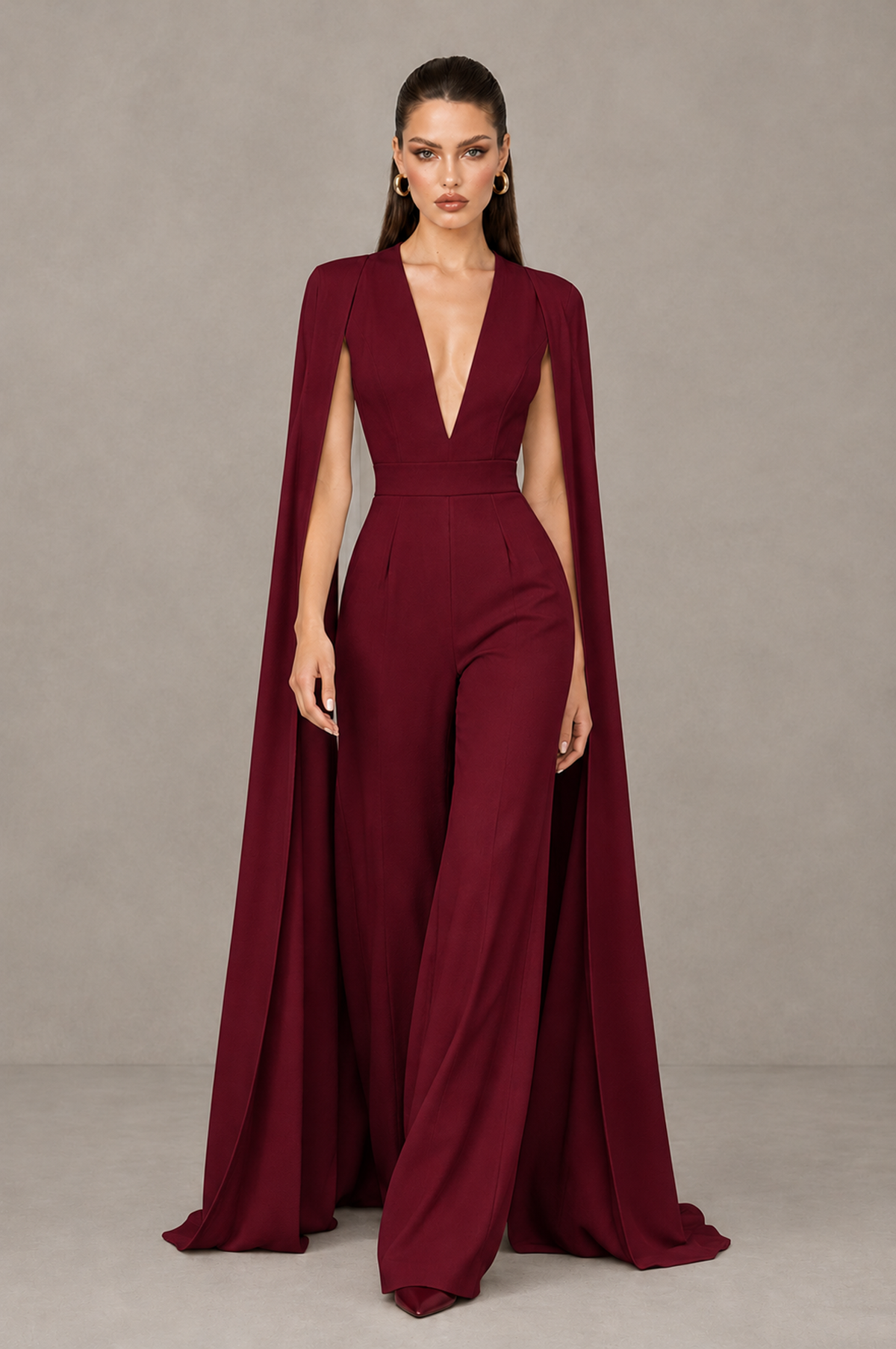 BOLODOO Burgundy Deep V-Neck Cape Sleeve Bridal Jumpsuit - Burgundy - Burgundy_04