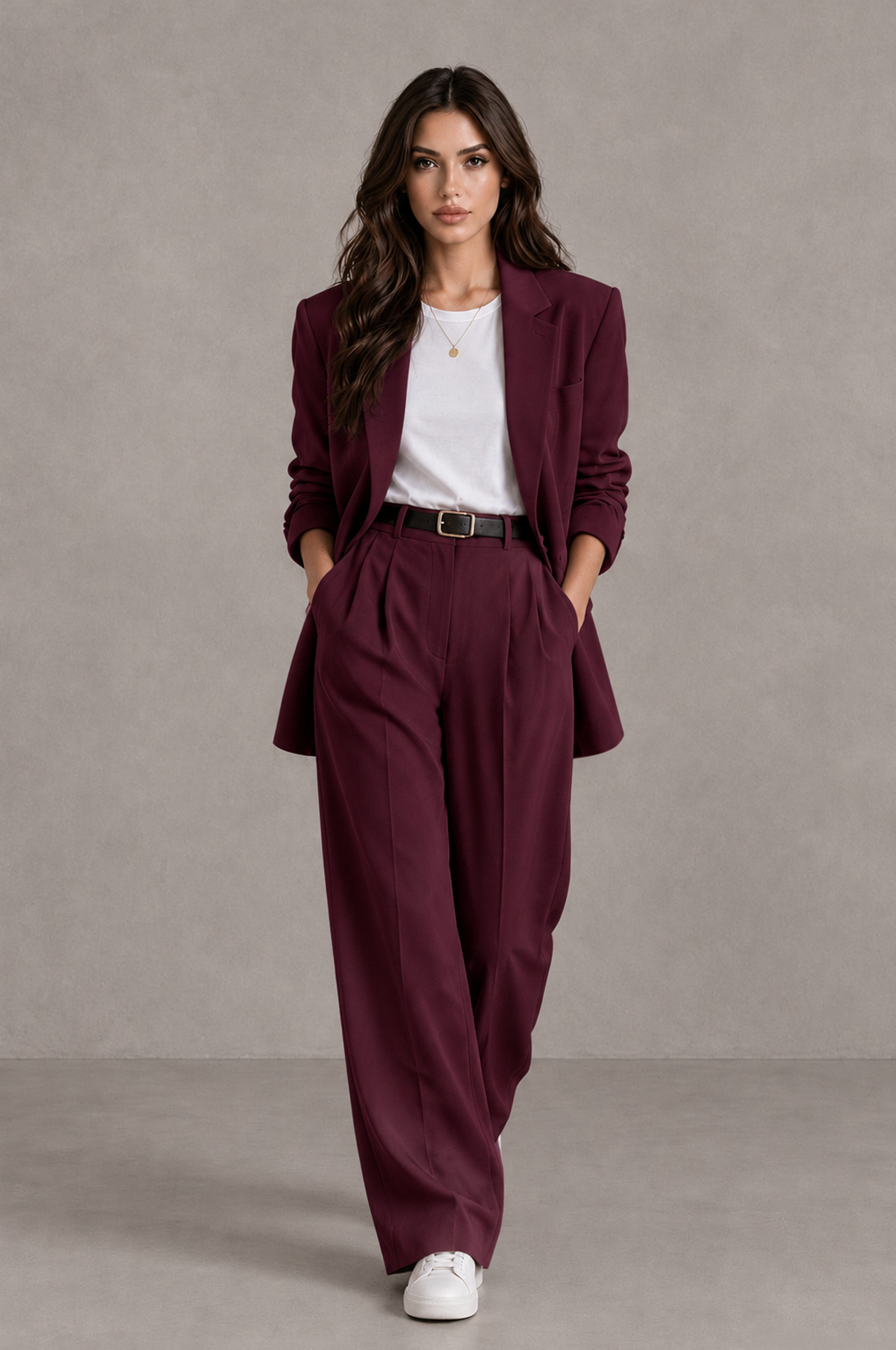 BOLODOO Burgundy Brown Blazer & Wide-Leg Pants Suit for Women - Burgundy - Burgundy_04