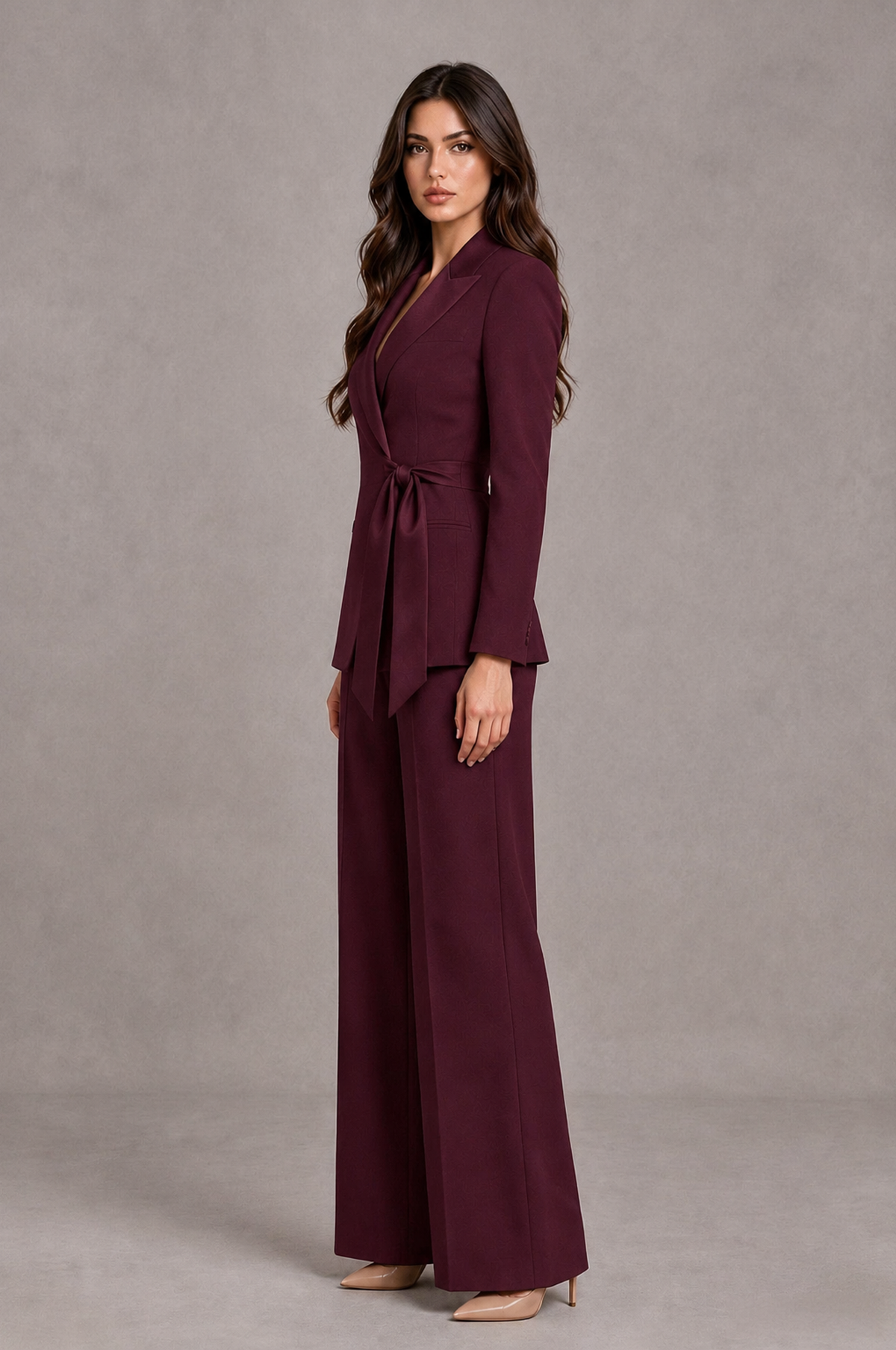 BOLODOO Burgundy Tie-Waist Blazer & Wide-Leg Pantsuit - Burgundy - Burgundy_04