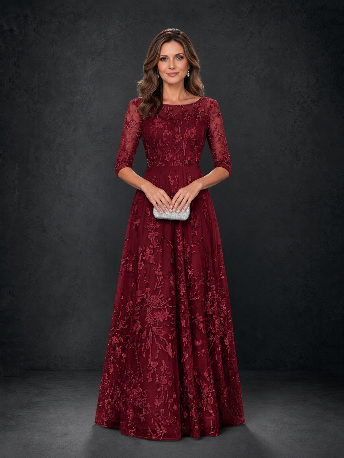 BOLODOO Burgundy Illusion Bateau Neck 3/4 Sleeve Floral Lace A-Line Mother of the Bride Dress MX007 - Burgundy - Burgundy_04