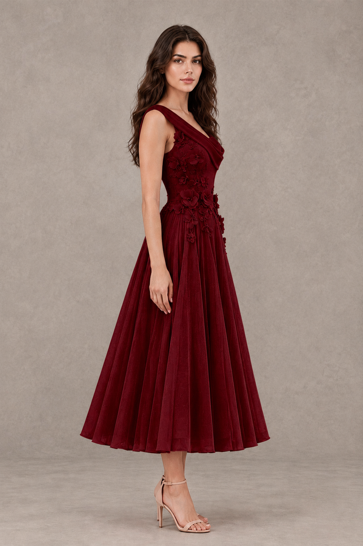 BOLODOO Burgundy One-Shoulder Floral Tulle Tea-Length Dress - Burgundy - Burgundy_04