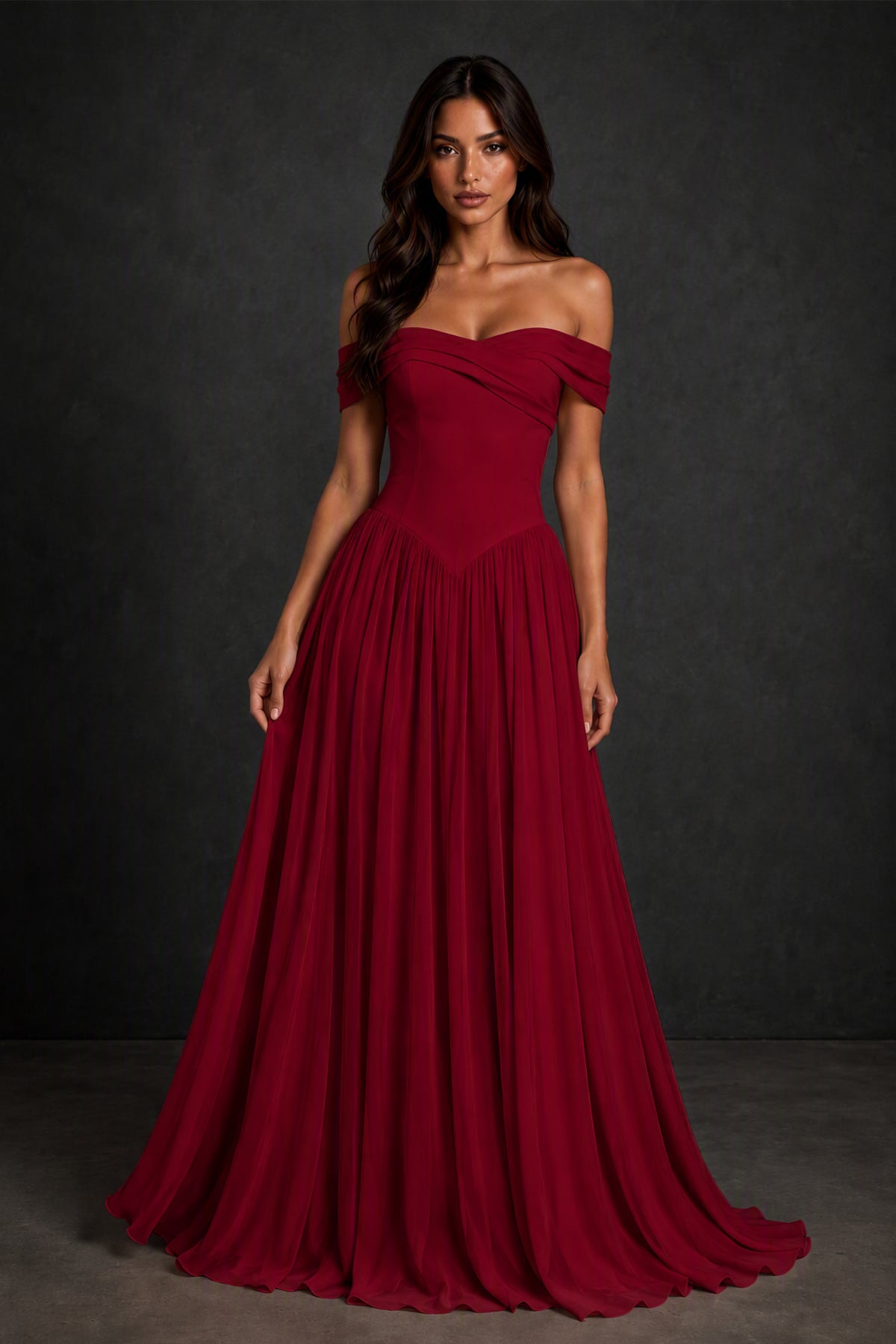 BOLODOO Burgundy Off-Shoulder Sweetheart Corset Pleated Chiffon Maxi Dress - Burgundy