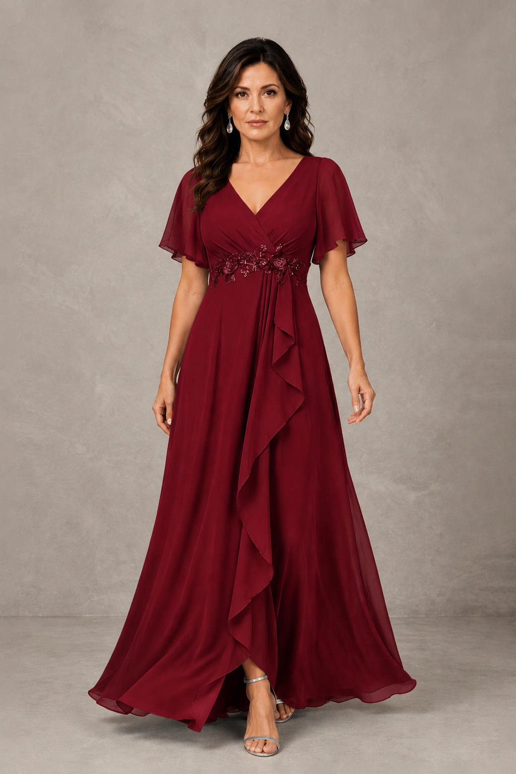 BOLODOO Burgundy Chiffon V-Neck Flutter Sleeve Floral Applique Cascade Ruffle Lace-Up Back A-Line Maxi Evening Dress - Burgundy