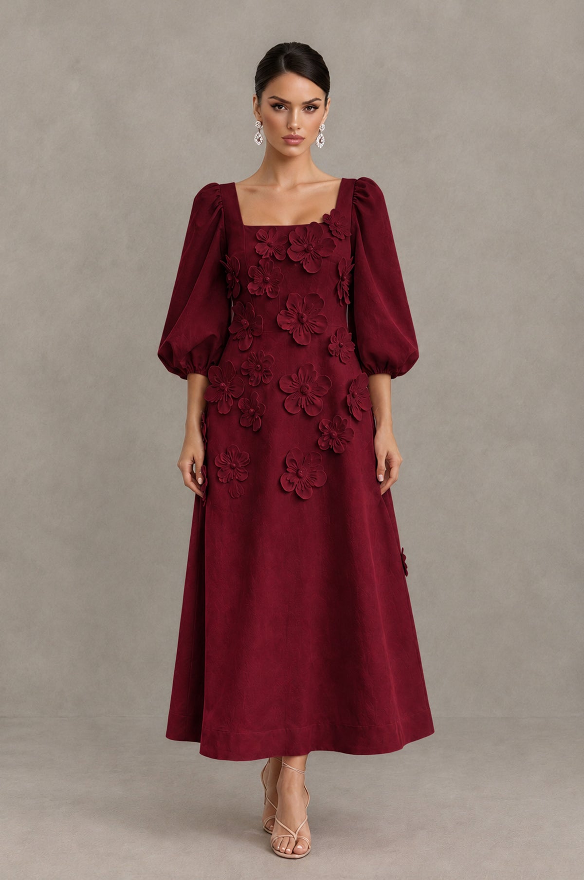 BOLODOO Burgundy 3D Floral Puff Sleeve Midi Cocktail Dress - Burgundy - Burgundy_1