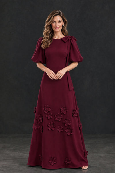BOLODOO Burgundy Floral Applique Puff Sleeve Mother of the Bride Dress - Burgundy - Burgundy_1