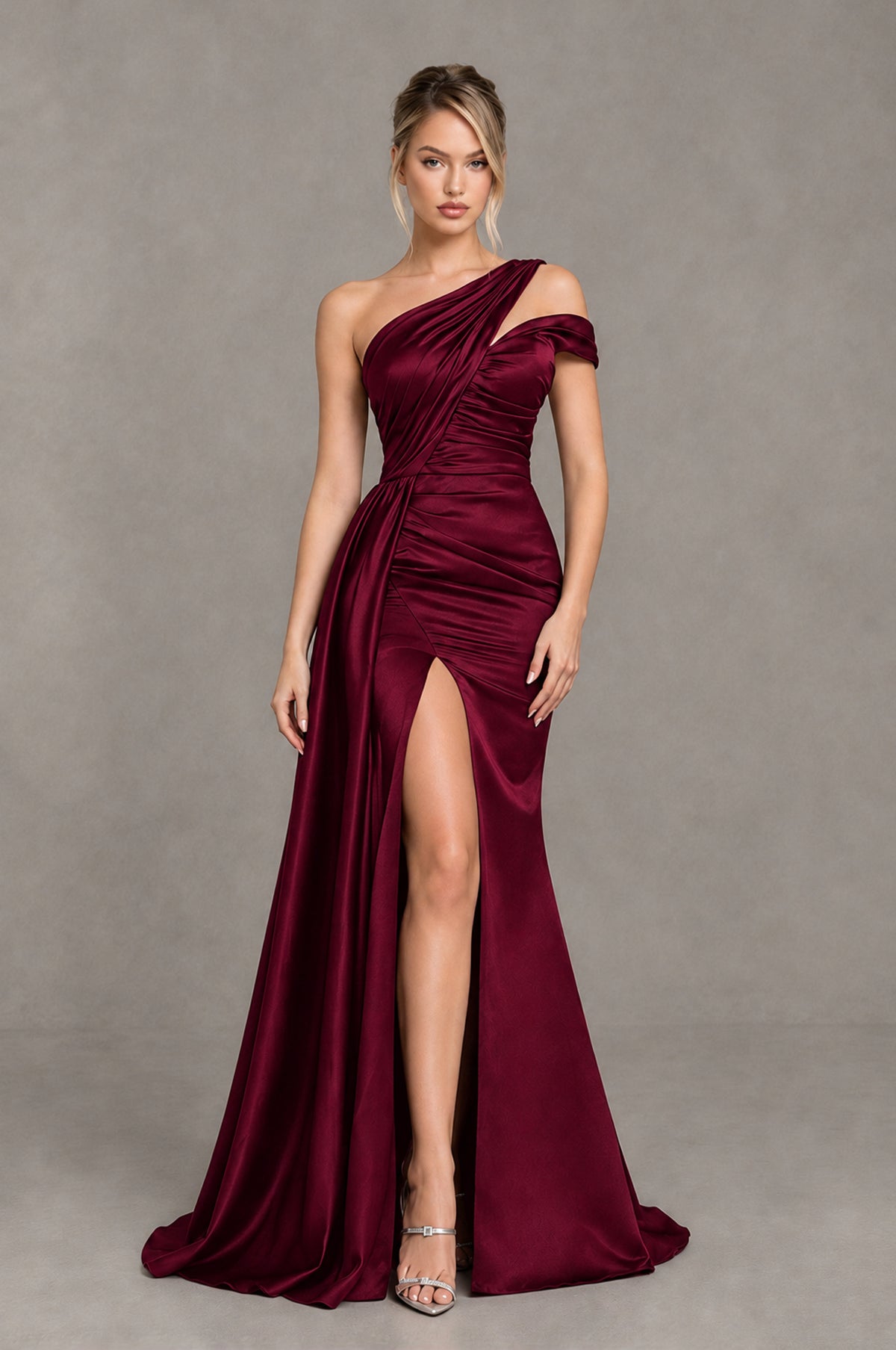 BOLODOO Burgundy Asymmetric Ruched Formal Evening Dress - Burgundy - Burgundy_1