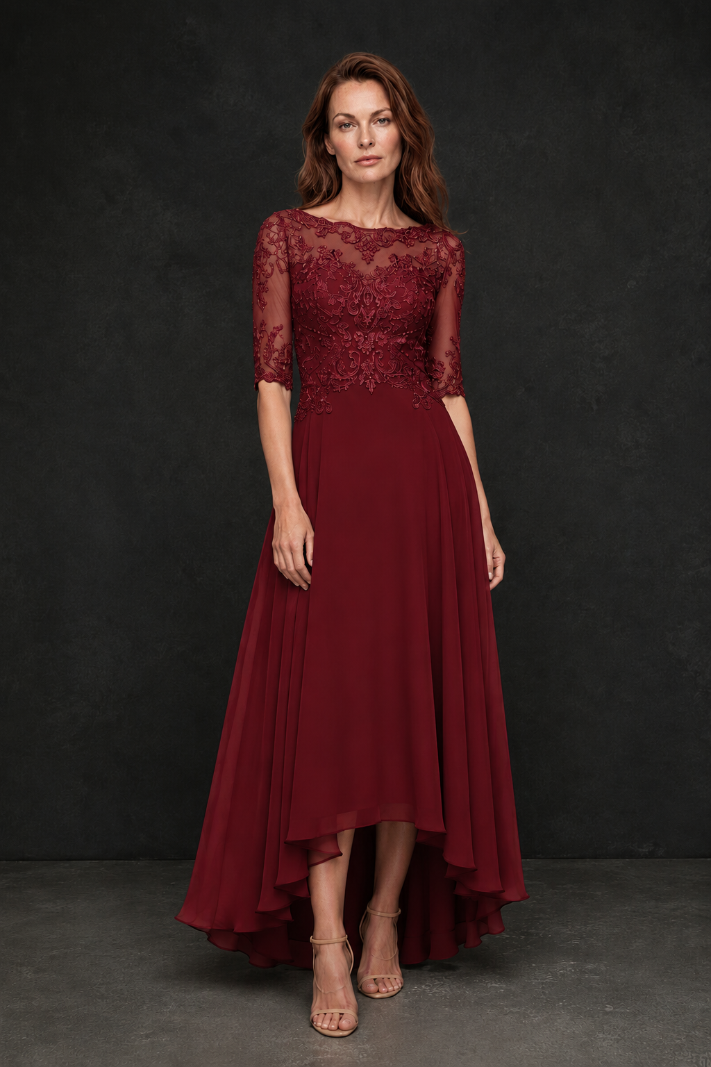 BOLODOO Burgundy Illusion Lace 3/4 Sleeve Hi-Lo Chiffon A-Line Dress | Mother of the Bride Tea Length Dress - Burgundy