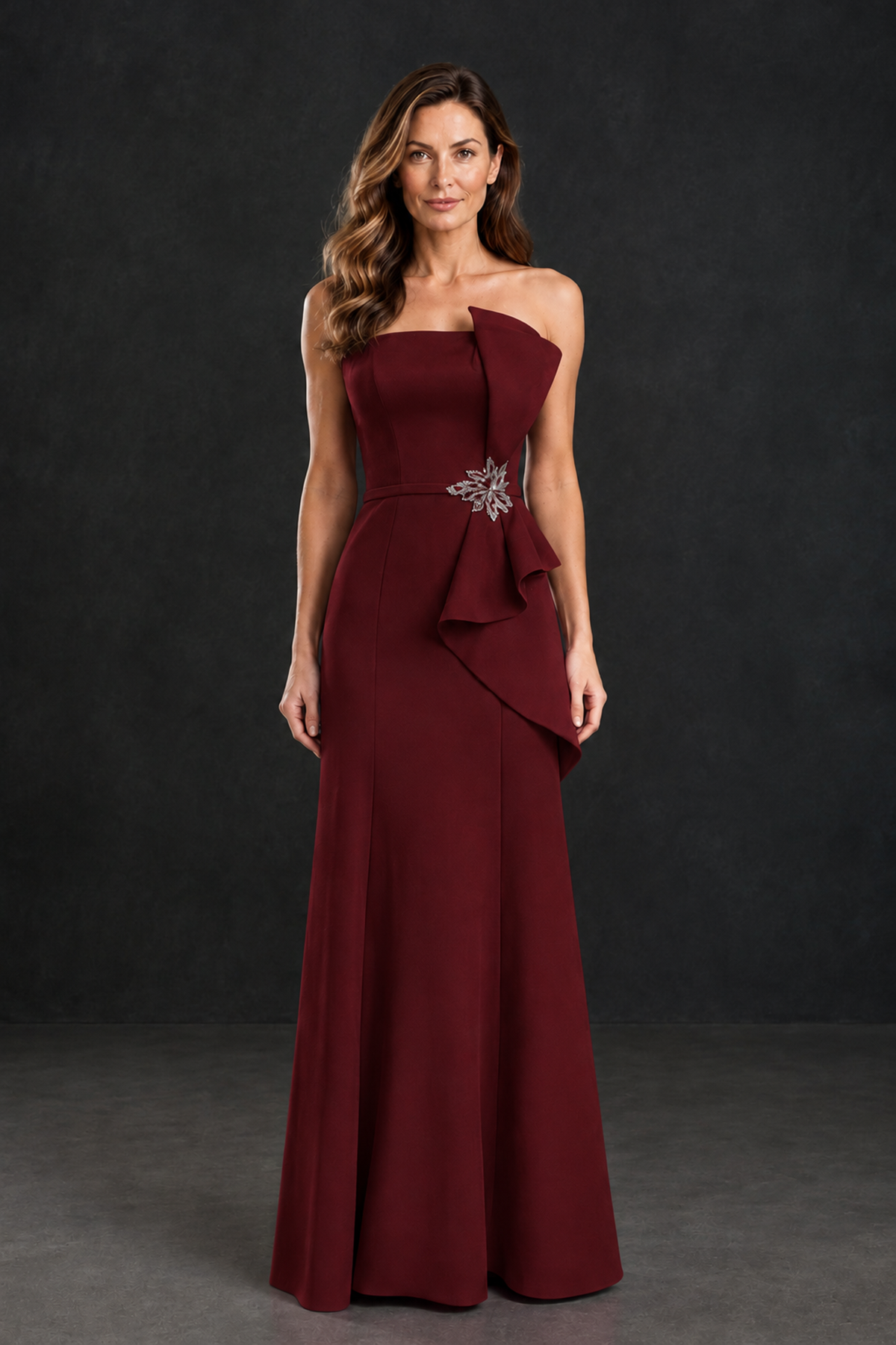 BOLODOO Burgundy Strapless Mother of the Bride Dress with Ruffle Detail - Burgundy - Burgundy_1