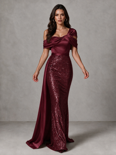 BOLODOO Burgundy Sequin Mermaid Evening Dress with Off-Shoulder Satin Drape and Sweep Train - Burgundy - Burgundy_1