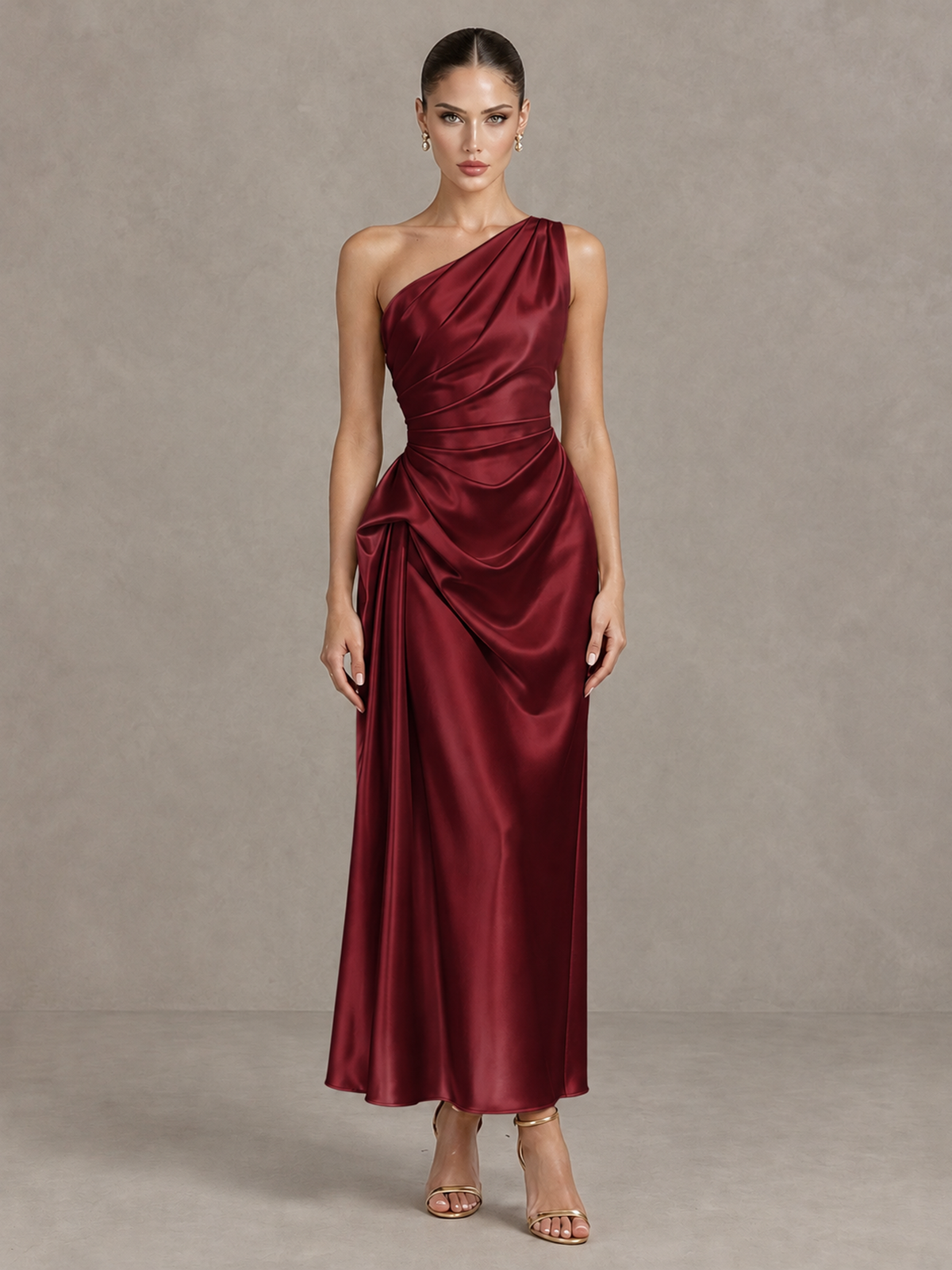 BOLODOO Burgundy One Shoulder Satin Cocktail Dress with Draped A-Line Skirt - Burgundy - Burgundy_1
