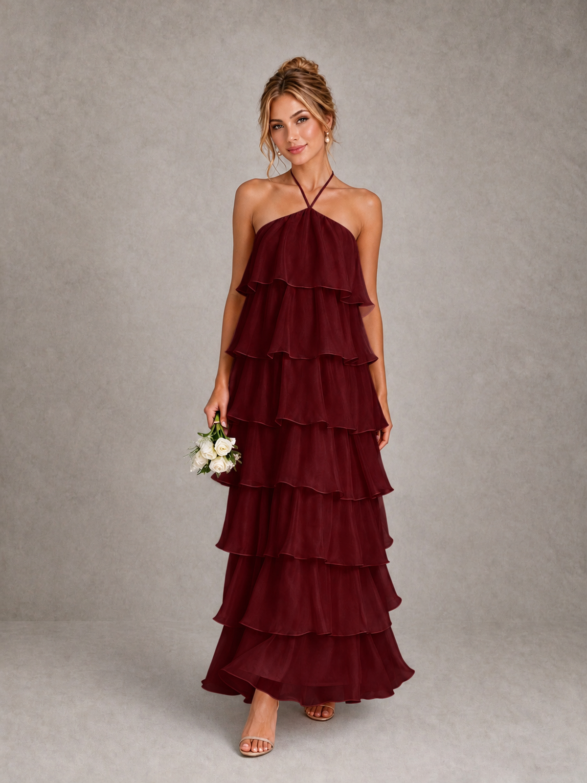 BOLODOO Burgundy Halter Tiered Ruffle Maxi Bridesmaid Dress - Burgundy - Burgundy_1