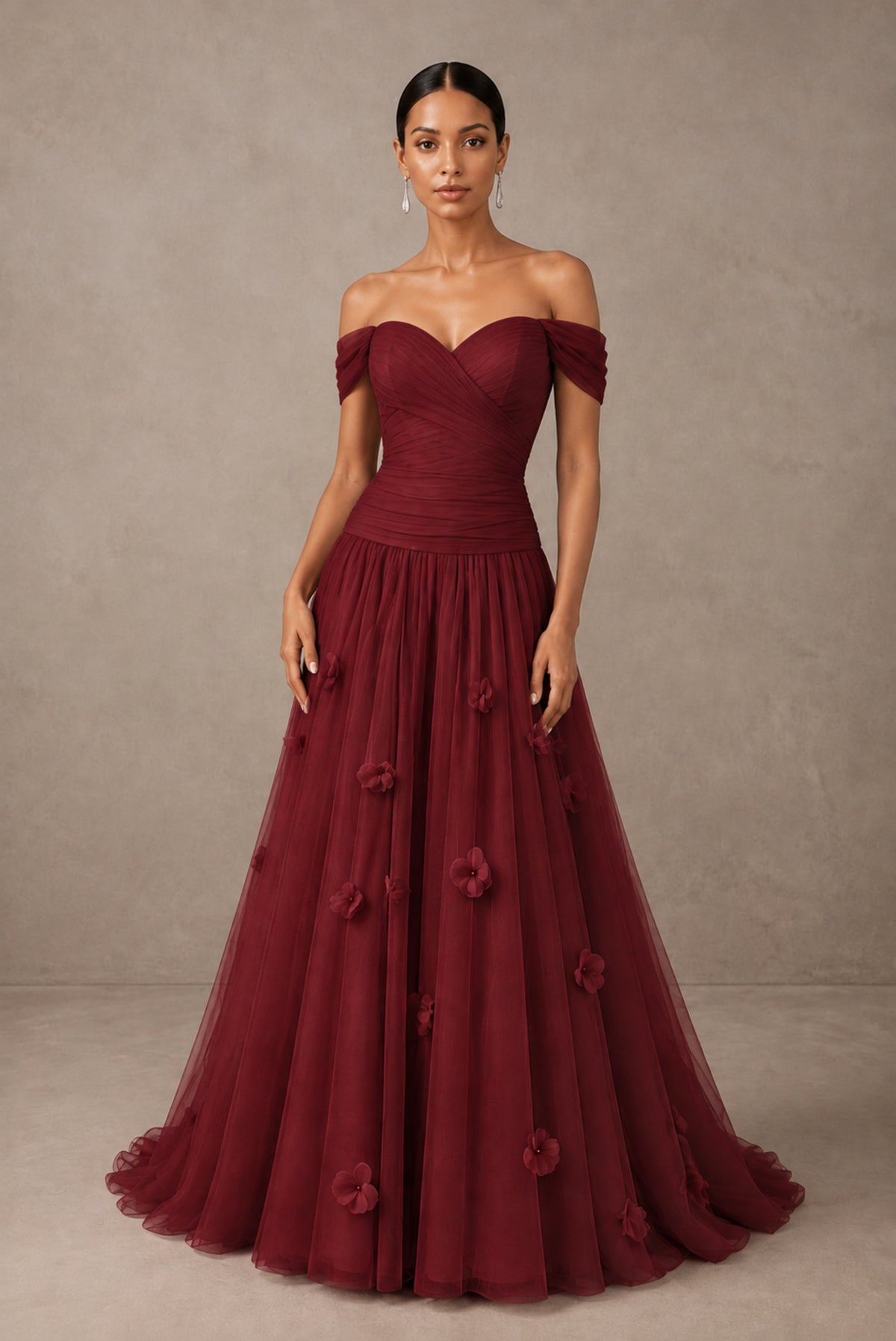 Burgundy Off-Shoulder Sweetheart A-Line Tulle Gown with 3D Floral Appliques | BOLODOO - Burgundy