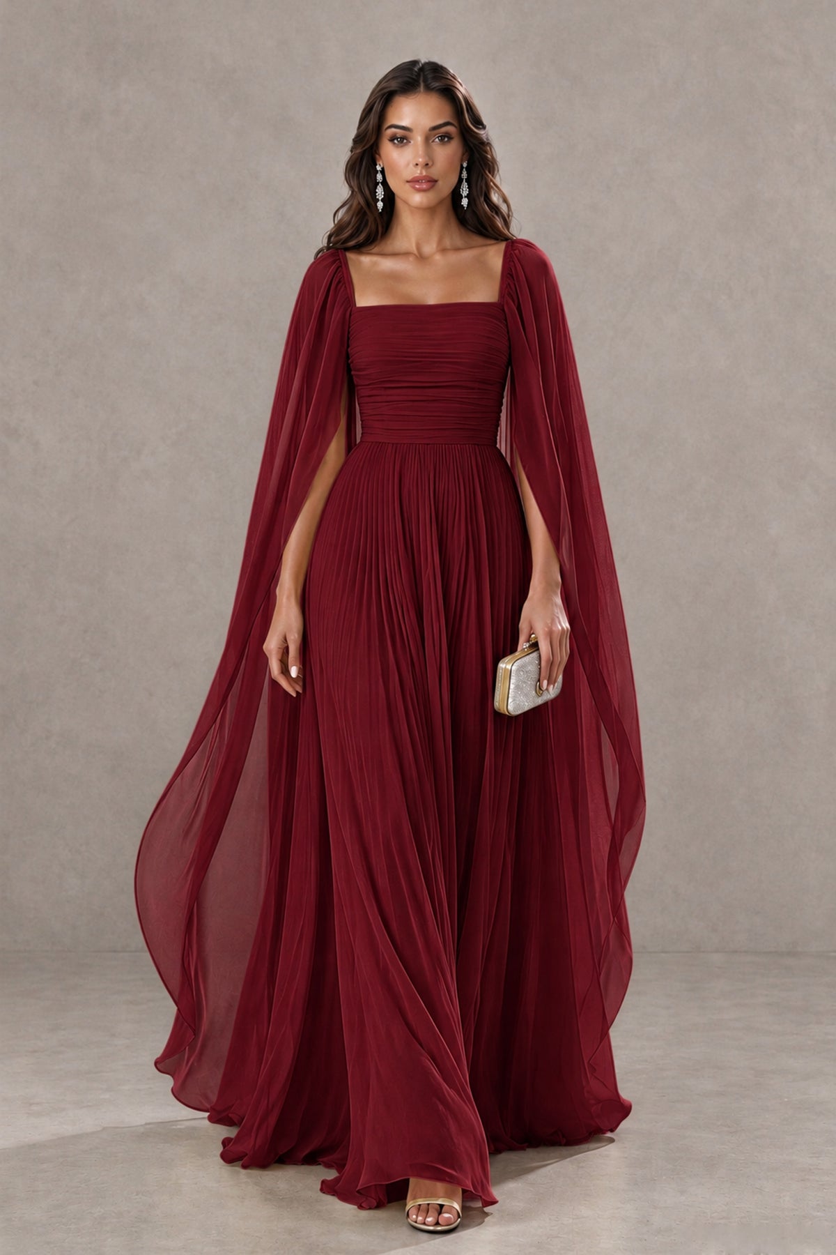 BOLODOO Burgundy Square Neck Cape Sleeve A-Line Evening Dress - Burgundy - Burgundy_1