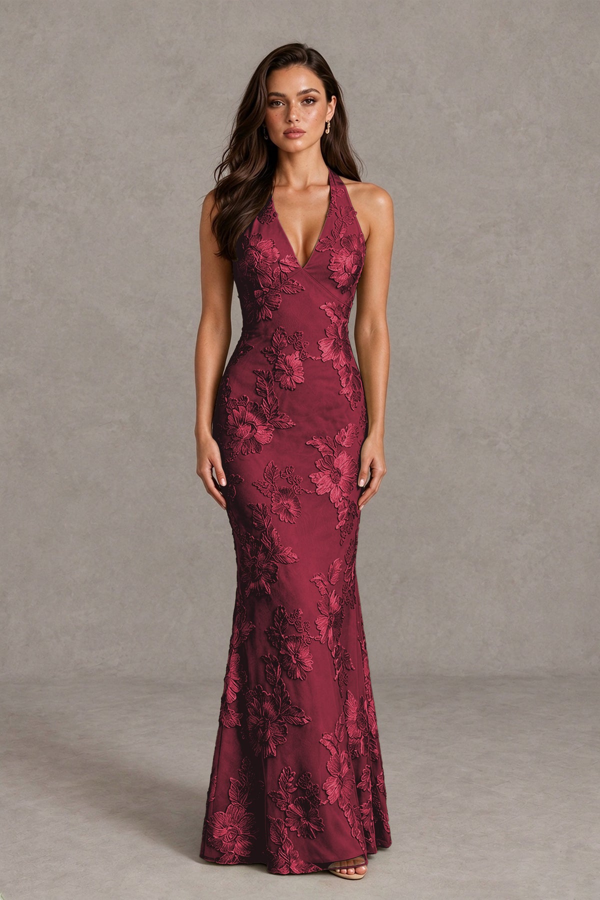 BOLODOO Burgundy Floral Jacquard Halter Maxi Dress - Burgundy - Burgundy(1)