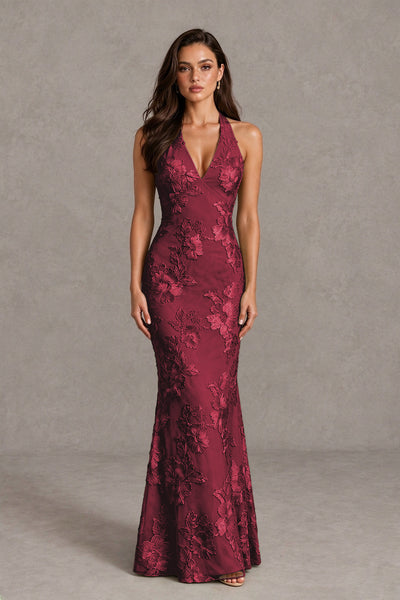 BOLODOO Burgundy Floral Jacquard Halter Maxi Dress - Burgundy - Burgundy(1)