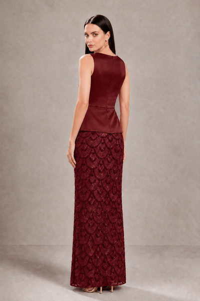 BOLODOO Burgundy Sleeveless Satin & Lace Peplum Evening Dress - Burgundy - Burgundy_1