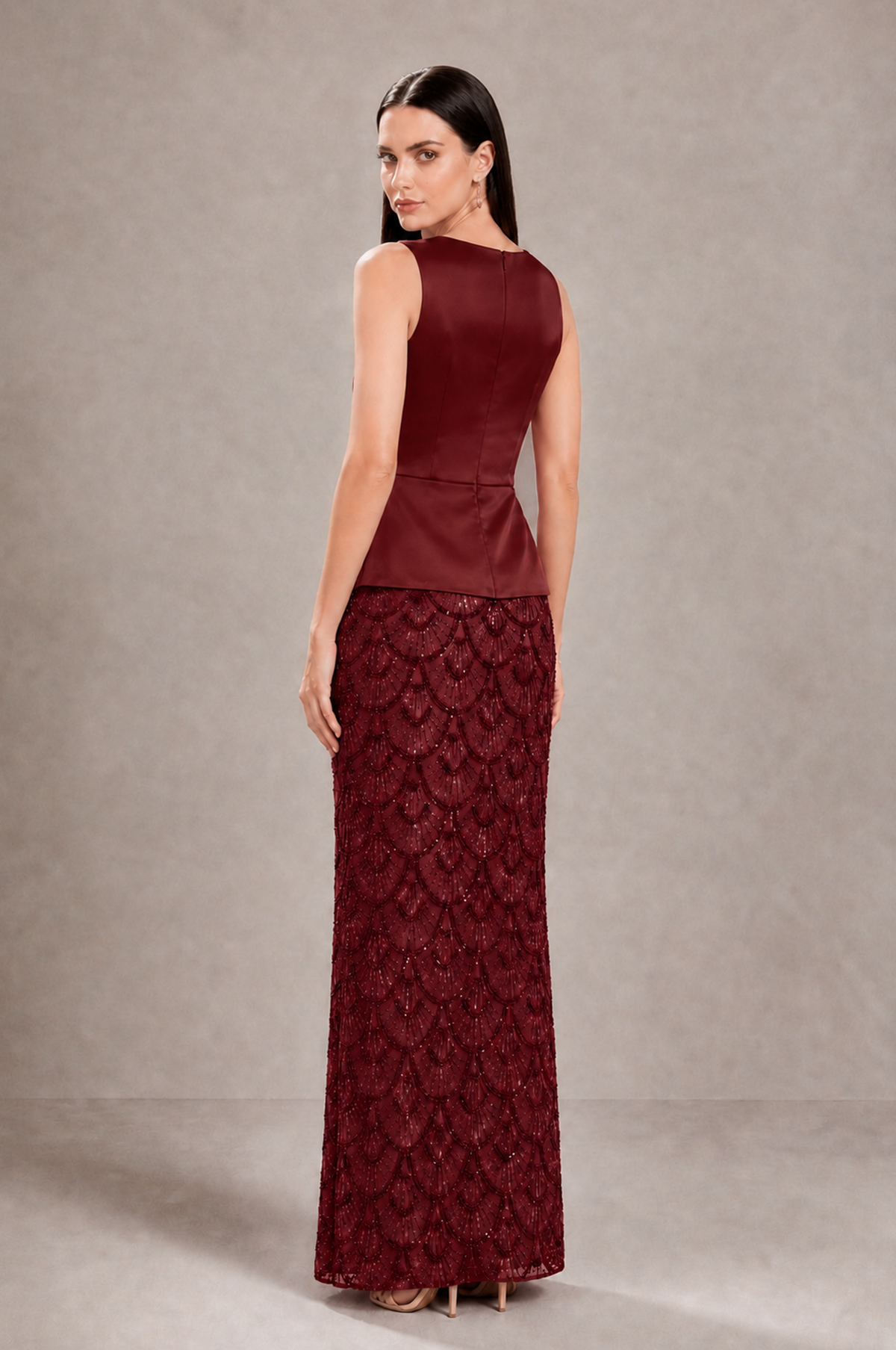 BOLODOO Burgundy Sleeveless Satin & Lace Peplum Evening Dress - Burgundy - Burgundy_1
