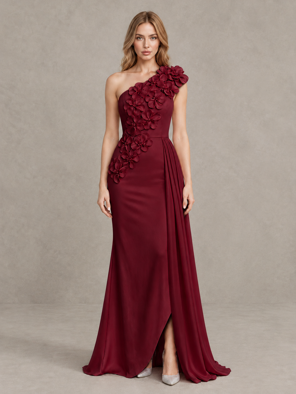 BOLODOO Burgundy One-Shoulder Satin Mermaid Evening Gown with 3D Floral Appliqué - Burgundy - Burgundy_1