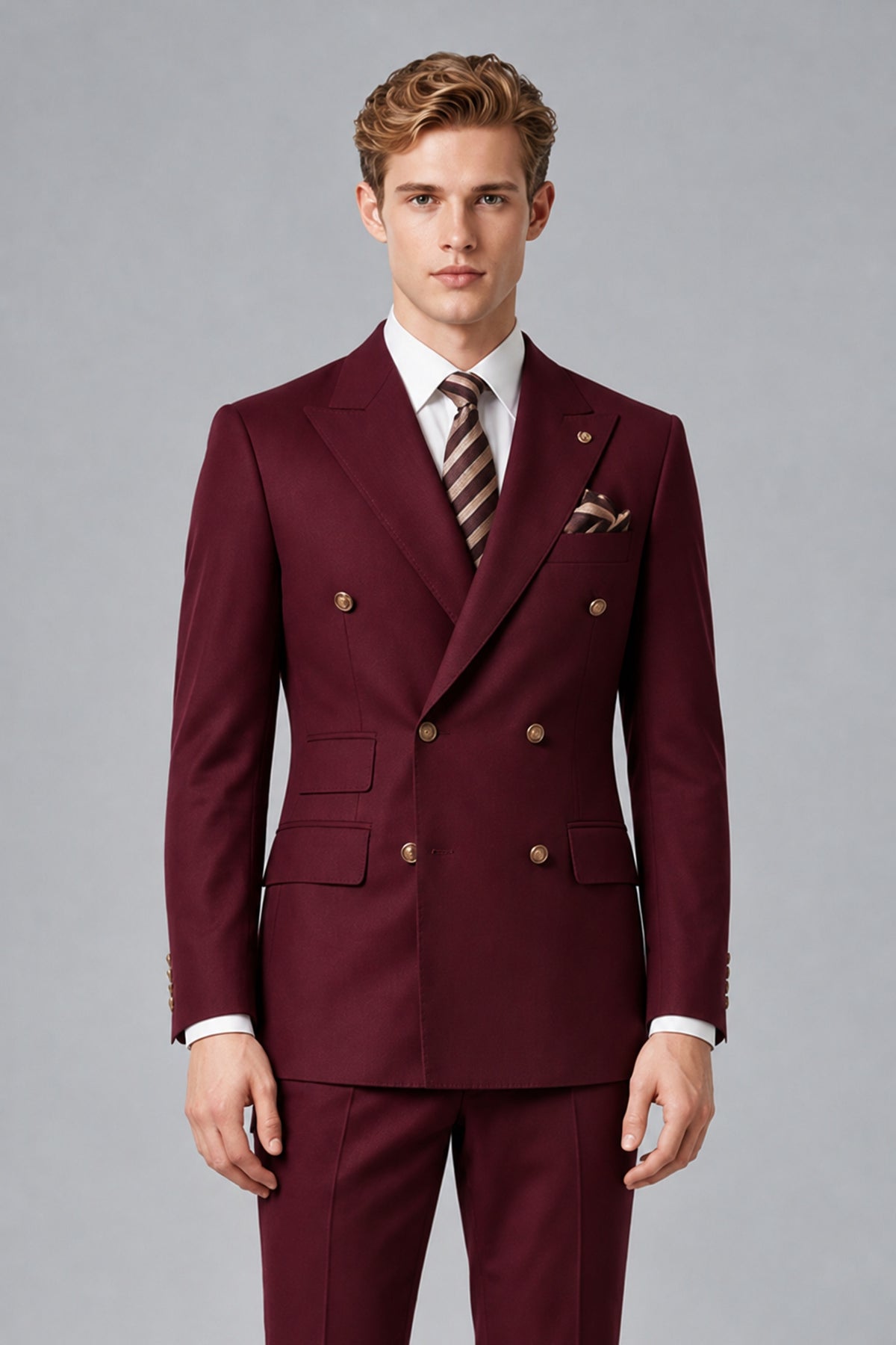 Bolodoo Men's Burgundy Double-Breasted 2-Piece Wedding Suit - Burgundy - Burgundy_1