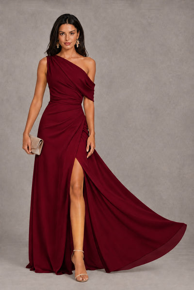 Burgundy One-Shoulder Floor-Length Evening Gown with High Slit - Burgundy