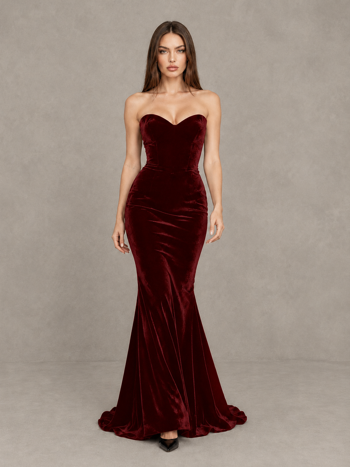 BOLODOO Burgundy Strapless Sweetheart Velvet-Look Mermaid Evening Dress - Burgundy - Burgundy_1