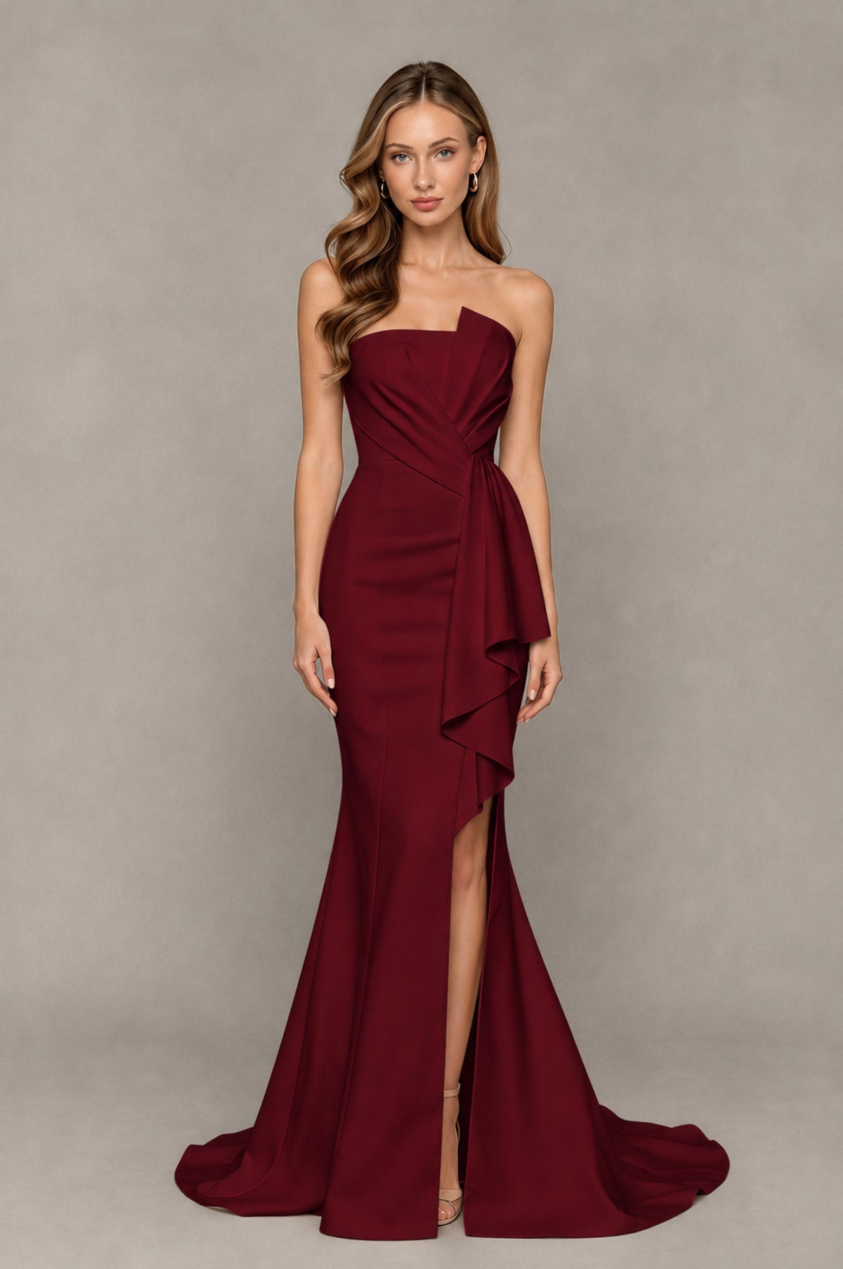 BOLODOO Burgundy Strapless Mermaid Evening Dress with Ruffle Slit and Train - Burgundy - Burgundy_1