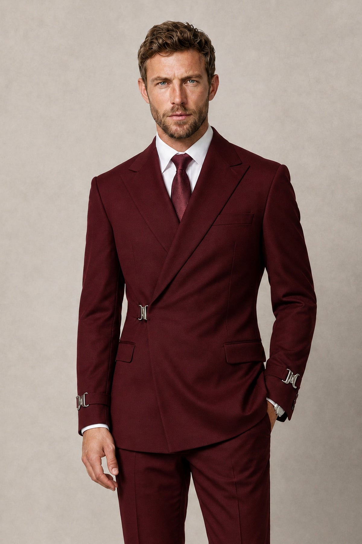 BOLODOO Men's Burgundy Double-Breasted 2-Piece Suit Set – Blazer & Tailored Trousers - Burgundy