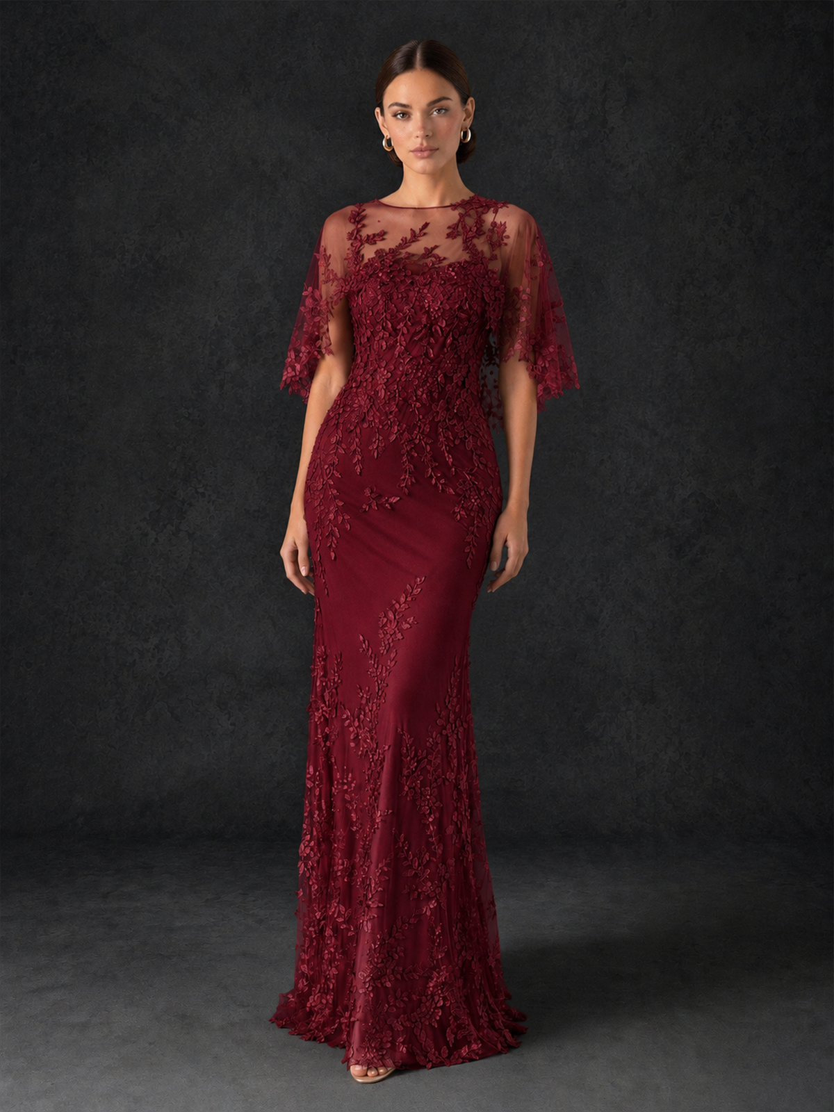 BOLODOO Mocha Burgundy Botanical Lace Flutter Sleeve Mermaid Gown - Burgundy