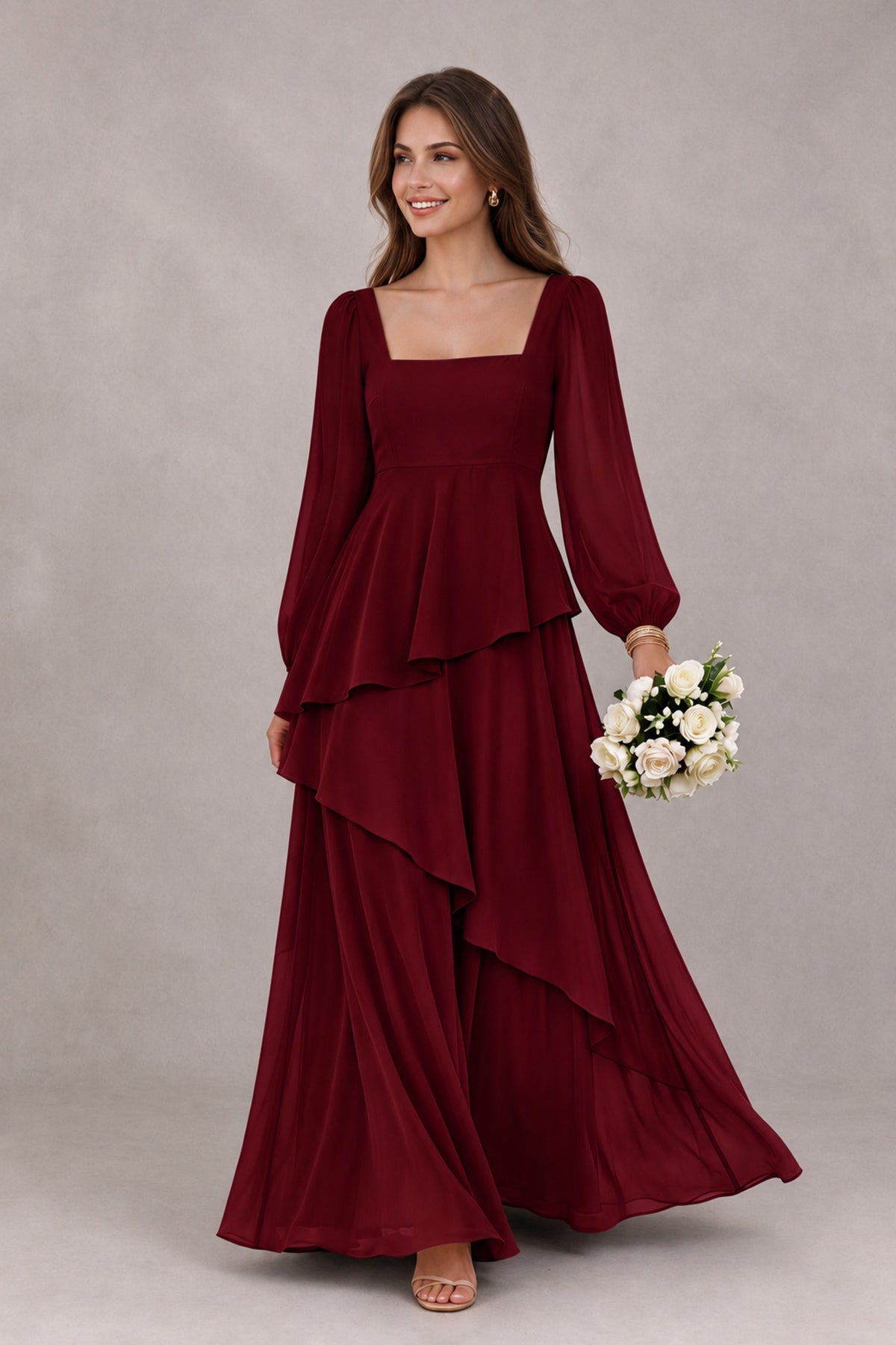 BOLODOO Burgundy Long Sleeve Ruffle Bridesmaid Dresses - Burgundy - Burgundy_1