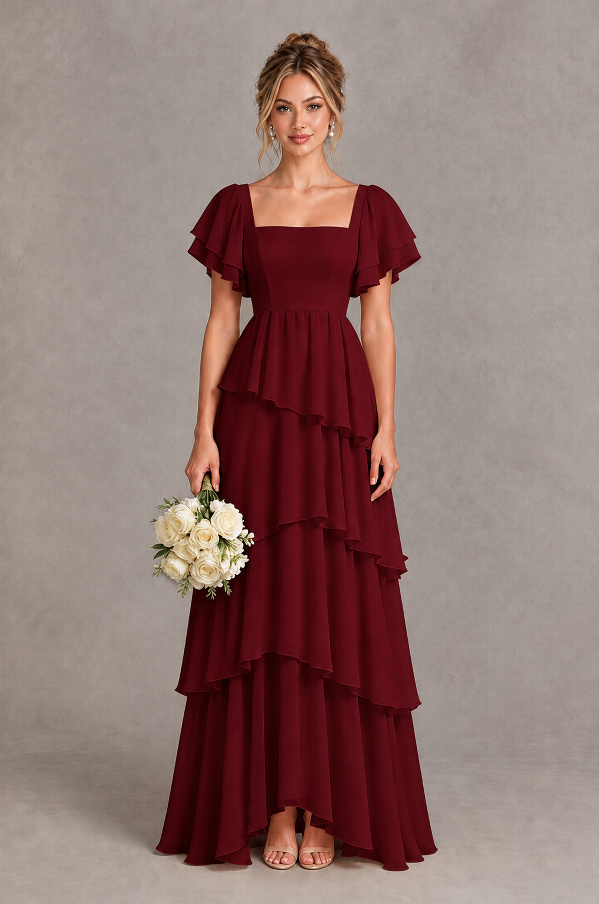 BOLODOO Burgundy Square Neck Flutter Sleeve Tiered Chiffon Bridesmaid Dress with Lace-Up Back - Burgundy - Burgundy_1