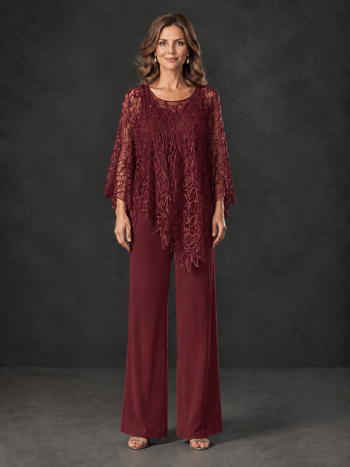 BOLODOO Burgundy Lace Overlay Wide-Leg Pantsuit for Mothers of the Bride - Burgundy