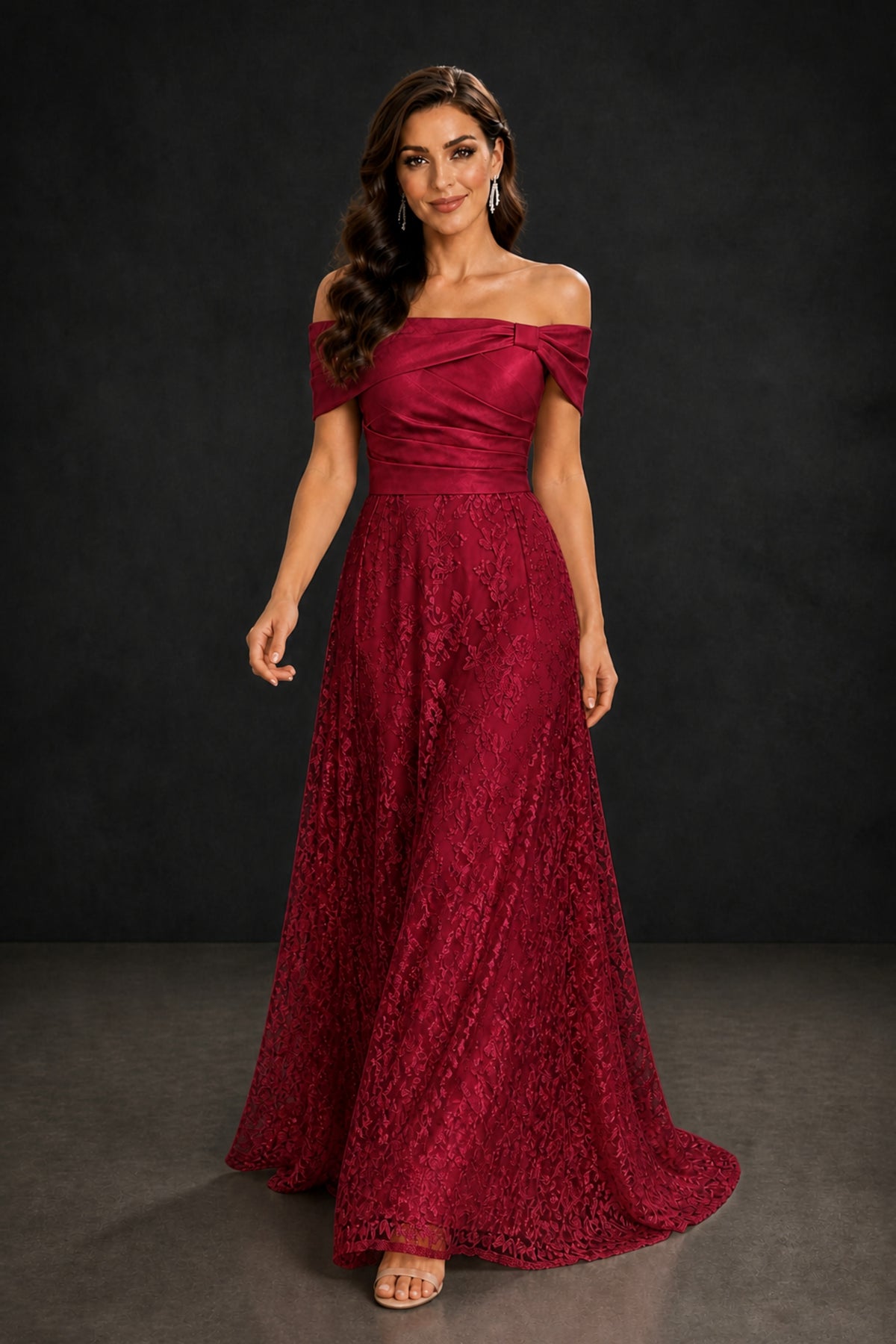 BOLODOO Burgundy Lace Glitter Off Shoulder Cap Sleeve A-Line Ball Gown with Train – Formal Evening Dress - Burgundy