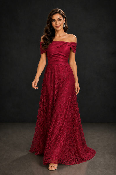 BOLODOO Burgundy Lace Glitter Off Shoulder Cap Sleeve A-Line Ball Gown with Train – Formal Evening Dress - Burgundy