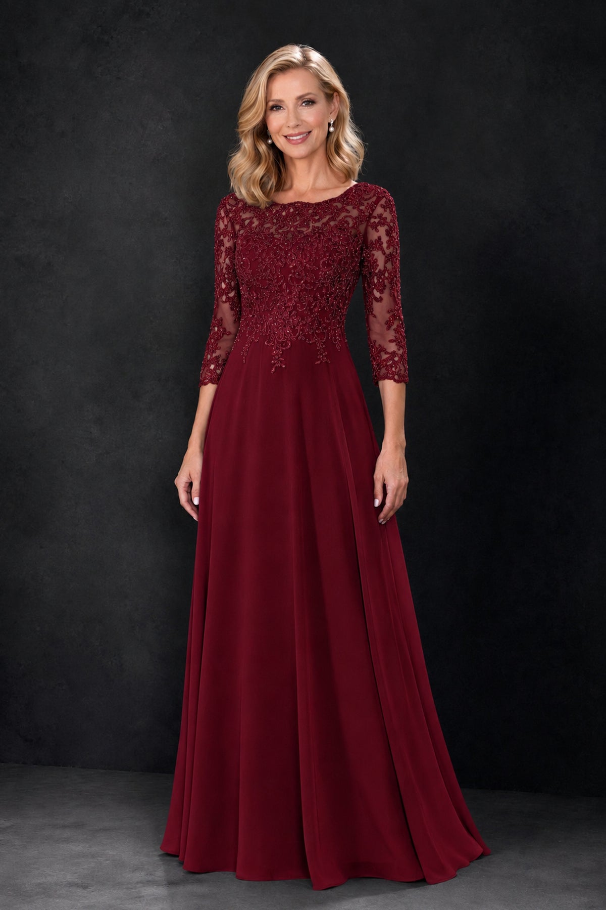 BOLODOO Burgundy Lace Embroidered Mother of the Bride Dress with 3/4 Sleeves - Burgundy