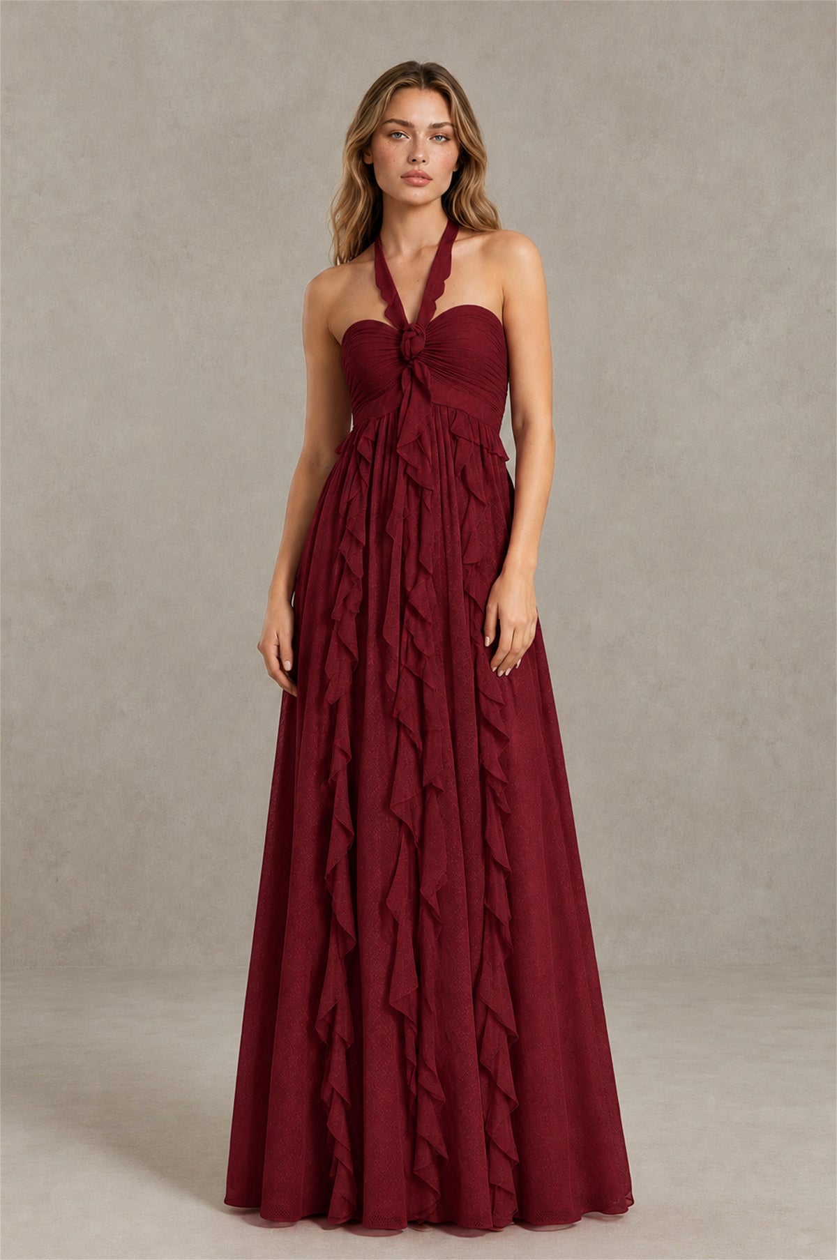 BOLODOO Burgundy Halter Ruffle A-Line Floor-Length Evening Dress - Burgundy - Burgundy_1