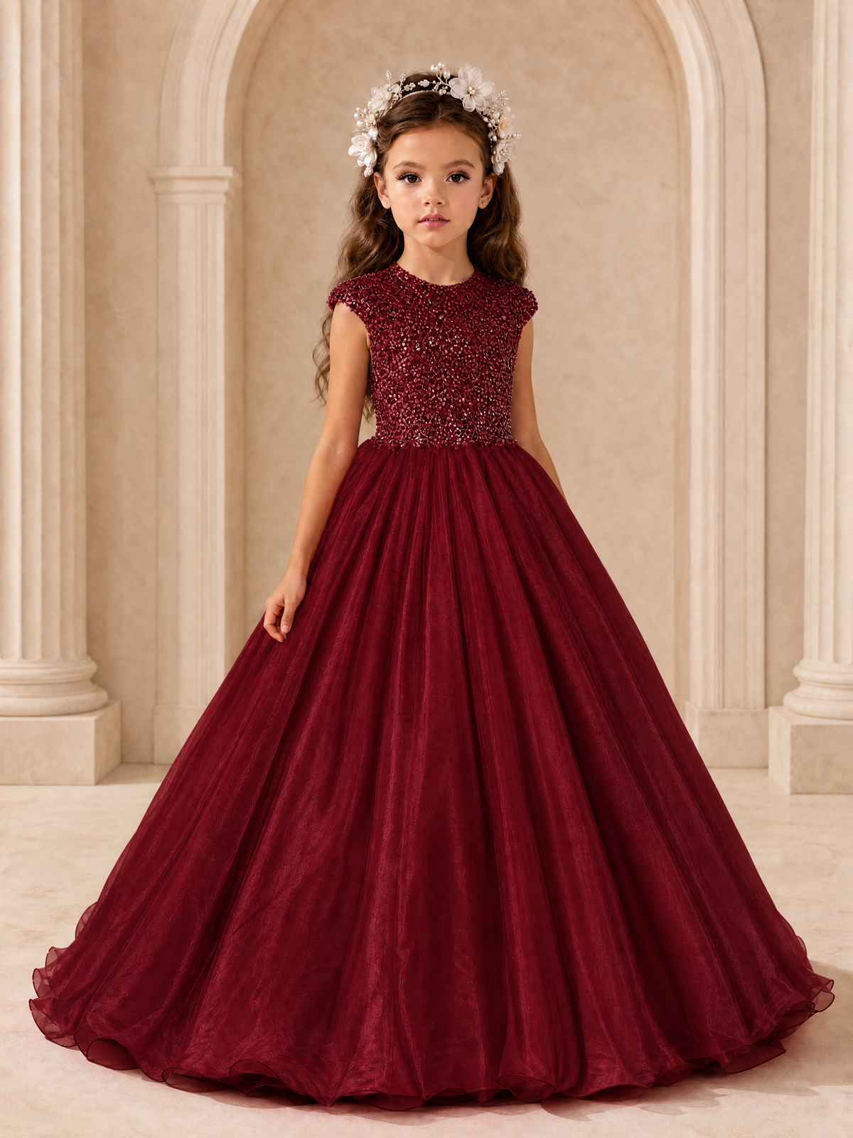 BOLODOO Burgundy Sequin Tulle Flower Girl Dress with Cap Sleeves - Burgundy - Burgundy_1